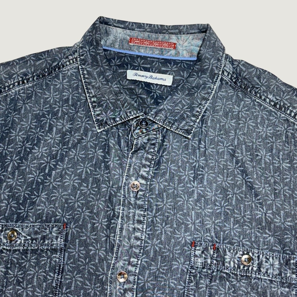 Tommy Bahama Shirt Mens XL Blue Palm Tree Print‎ Tencel Short Sleeve Button Down